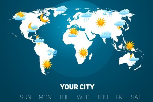 Weather forecast infographic set with meteorology signs and world map vector illustration